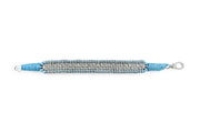 Sky blue thread diamond stacker bracelet laid flat, showing silver details