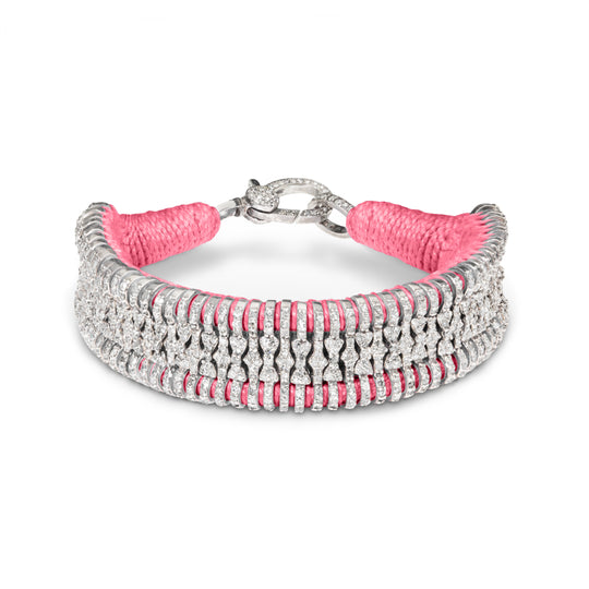 Baby pink thread bracelet with pavé diamonds and silver detailing