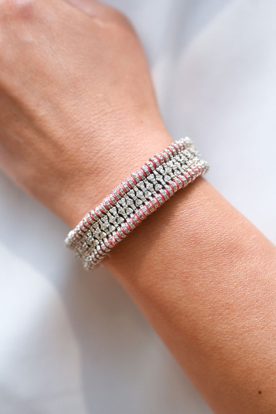 USHA baby pink diamond stacker bracelet worn on the wrist