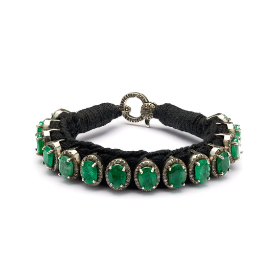 Venice black thread bracelet with pavé diamonds and emeralds