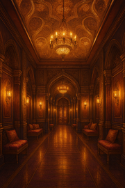 Warm-lit ornate hallway with carved details and chandeliers