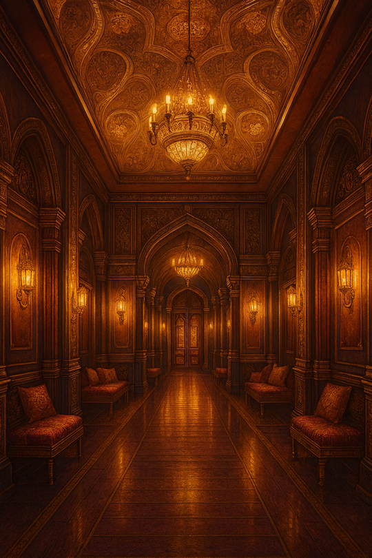 Warm-lit ornate hallway with carved details and chandeliers